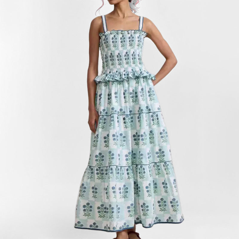 Elegante abito lungo donna estivo floreale senza spalline, con vita alta e linea ad A, per un look chic.