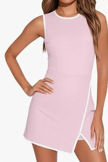 Abito donna sportivo ed elegante, A-line senza maniche, in poliestere leggero con bordo a contrasto.