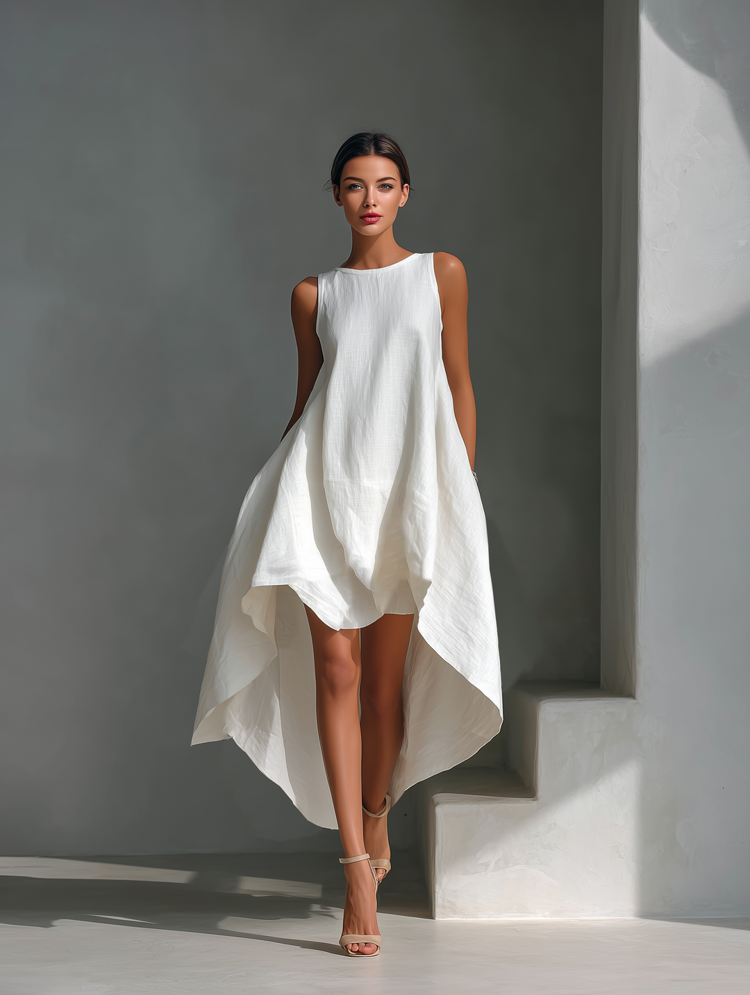 Elegante abito midi da donna in lino smanicato, taglio fluido e orlo asimmetrico per l'estate.