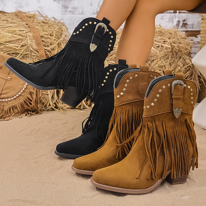 Stivali cowboy donna, vista posteriore: tacco a blocco comodo, frange e borchie. Moda western al top.