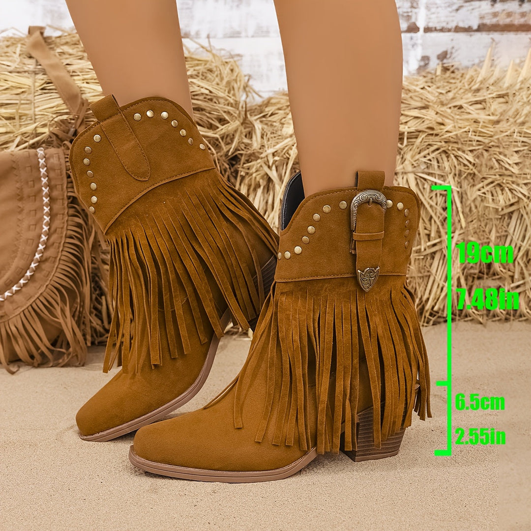 Stivali alti cowboy donna con frange laterali e borchie. Robusto tacco a blocco, scarpe moda western.