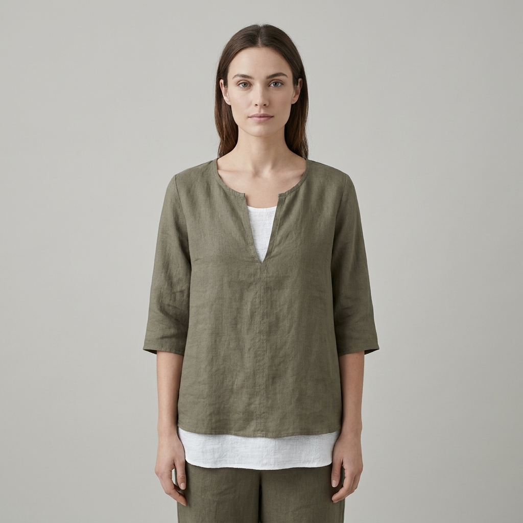 Blusa donna elegante scollo V, maniche 3/4, orlo asimmetrico. Ideale per ufficio o outfit quotidiano casual-chic.