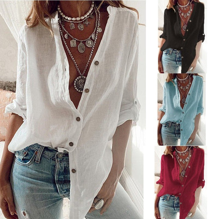 Camicia lunga donna ampia con scollo a V, maniche lunghe, stile casual elegante. Perfetta per primavera estate.