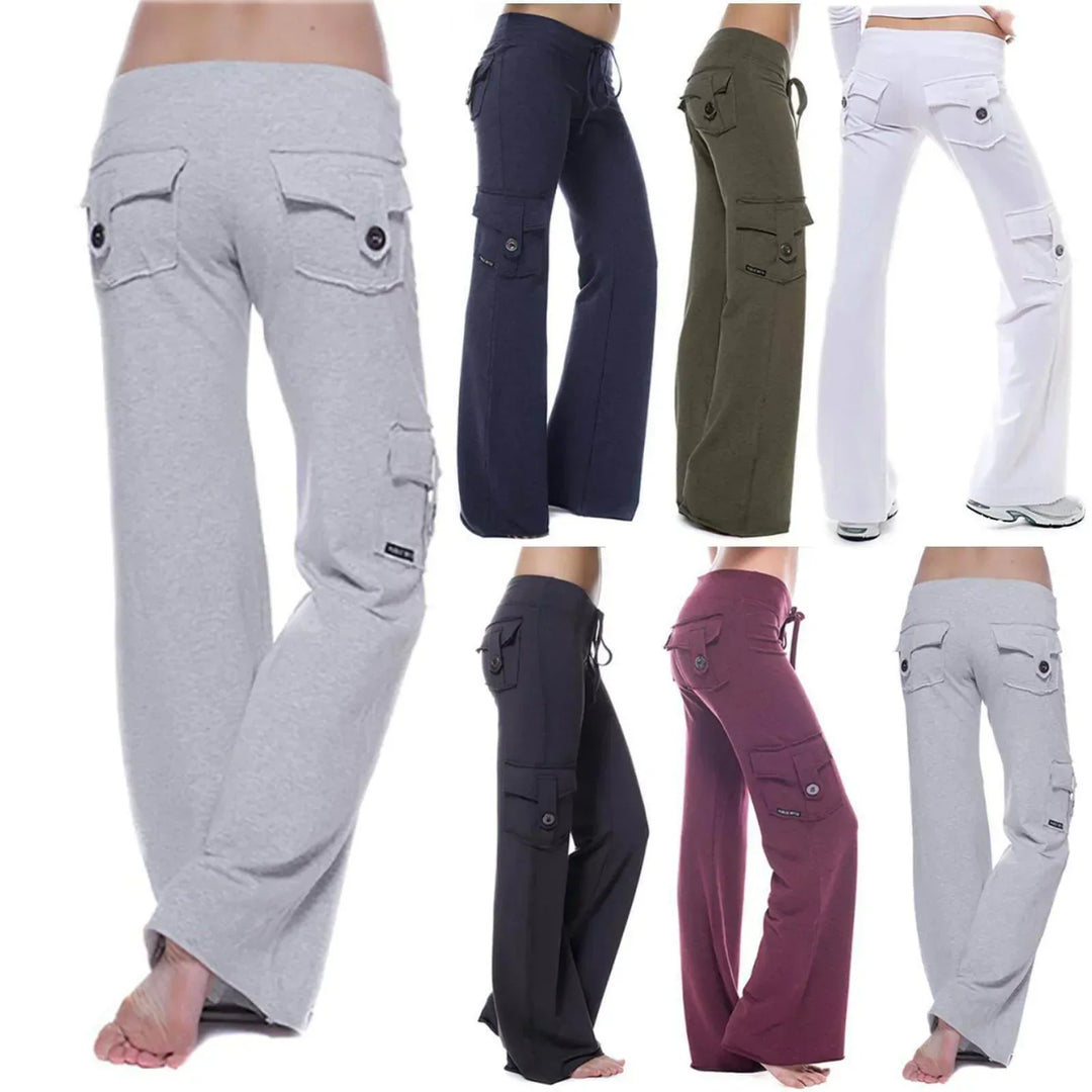 Pantaloni cargo donna svasati in movimento, vita elastica e tasche laterali. Look casual dinamico e confortevole.