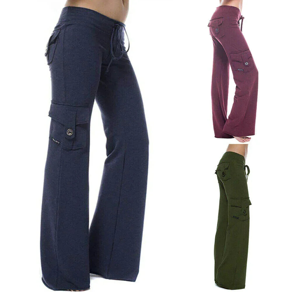 Pantaloni cargo donna svasati, vista frontale. Vita elastica e tasche laterali ben visibili. Abbigliamento versatile.