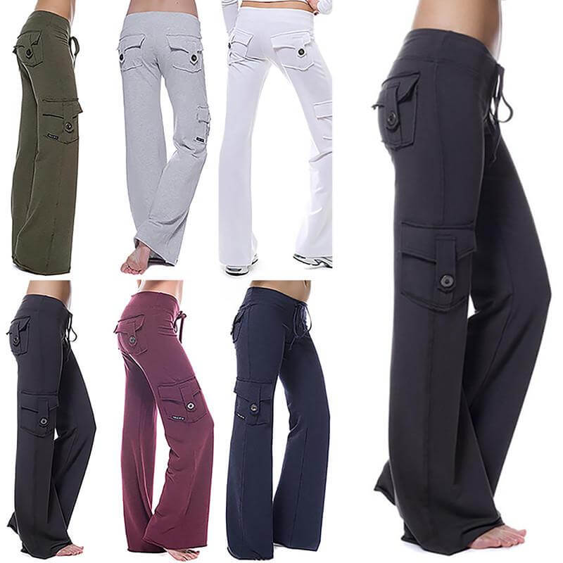 Pantaloni donna cargo svasati, design moderno con vita elastica e tasche laterali. Ideali per stile casual chic.