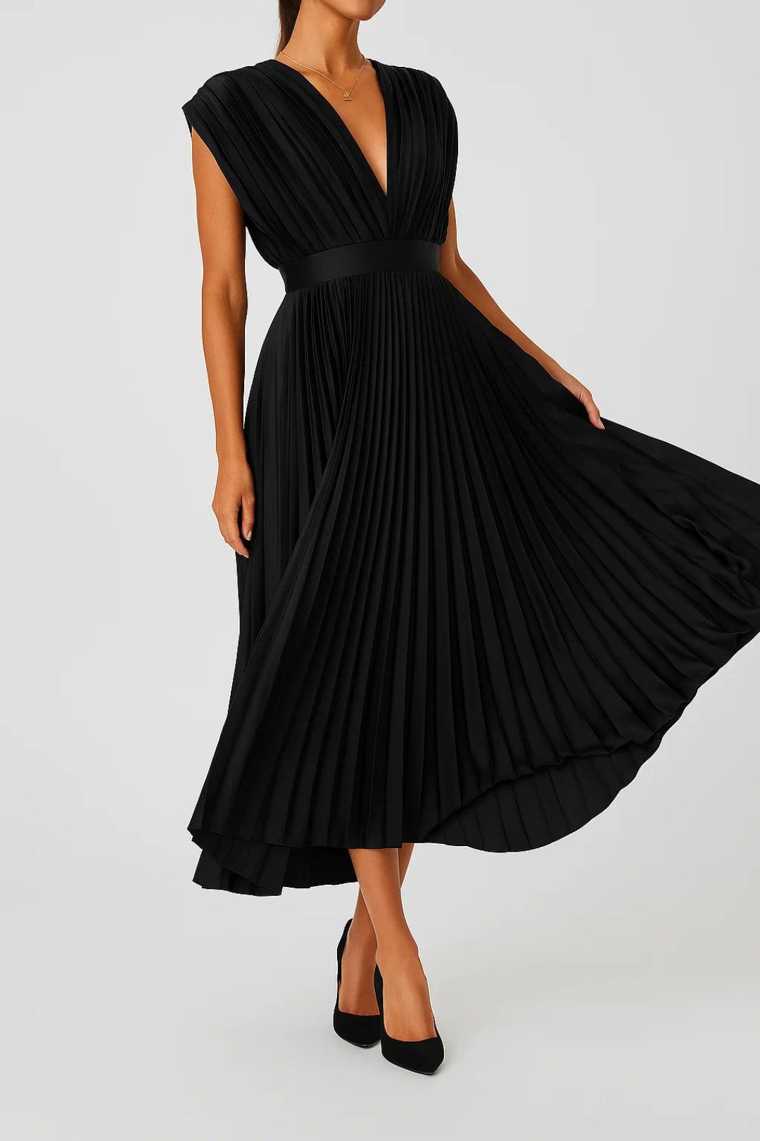Vestito cerimonia midi plissettato donna, scollo V e maniche kimono. Abito elegante e versatile per la moda autunno.