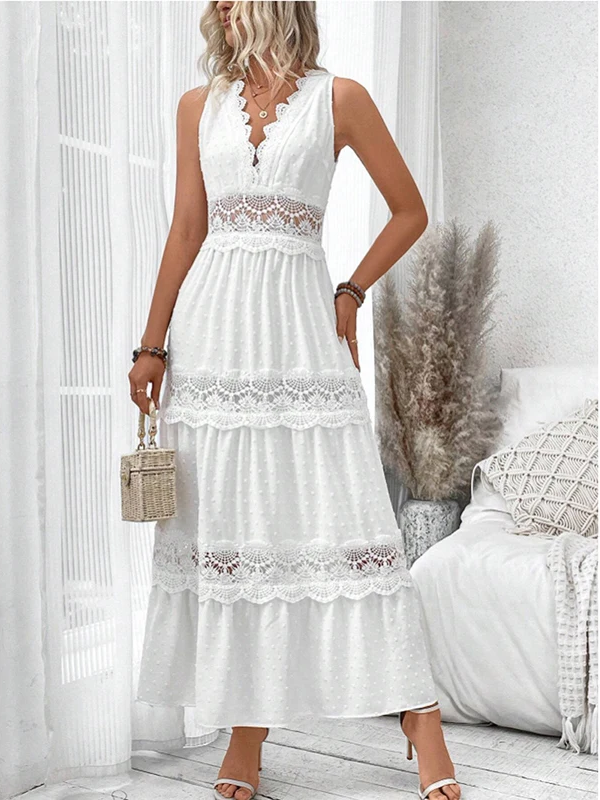 Abito da cerimonia donna in pizzo floreale con scollo a V, ideale per eventi eleganti e formali.