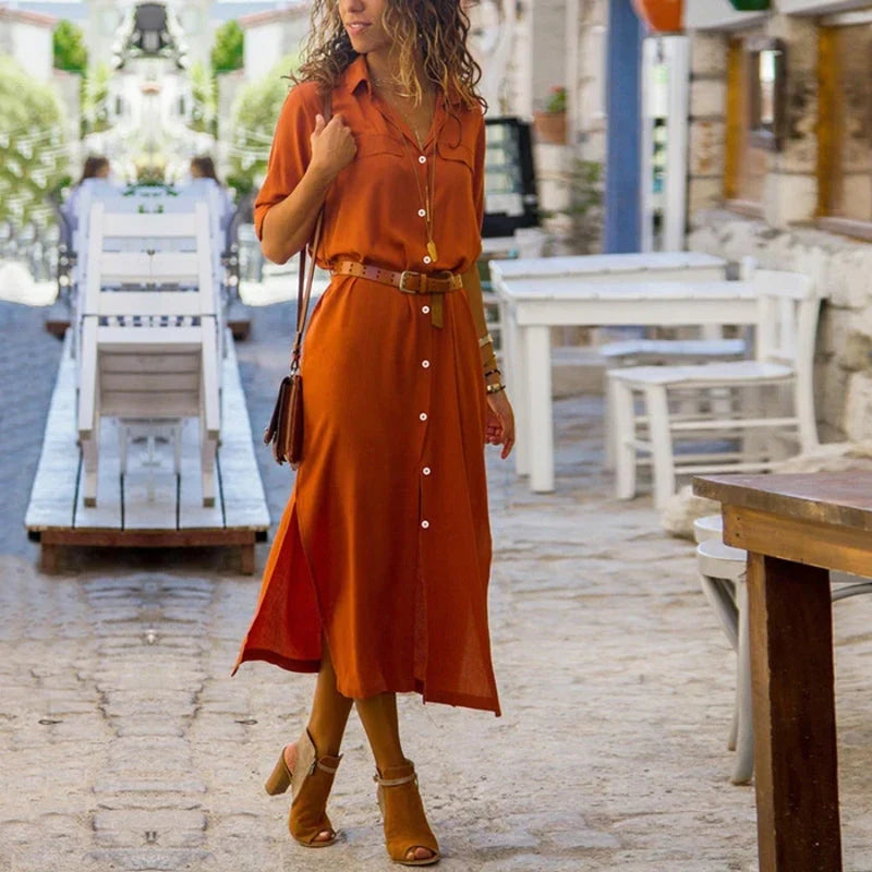 Vestito chemisier midi donna elegante con cintura in vita e spacchi laterali, perfetto per la primavera estiva.