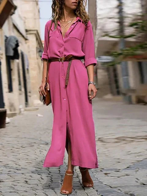 Vestito chemisier midi donna con cintura che esalta la figura e spacchi laterali, per un outfit alla moda.