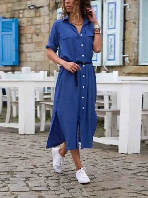 Chic vestito chemisier midi donna, casual ed elegante, con cintura e spacchi, ottimo per ogni occasione.