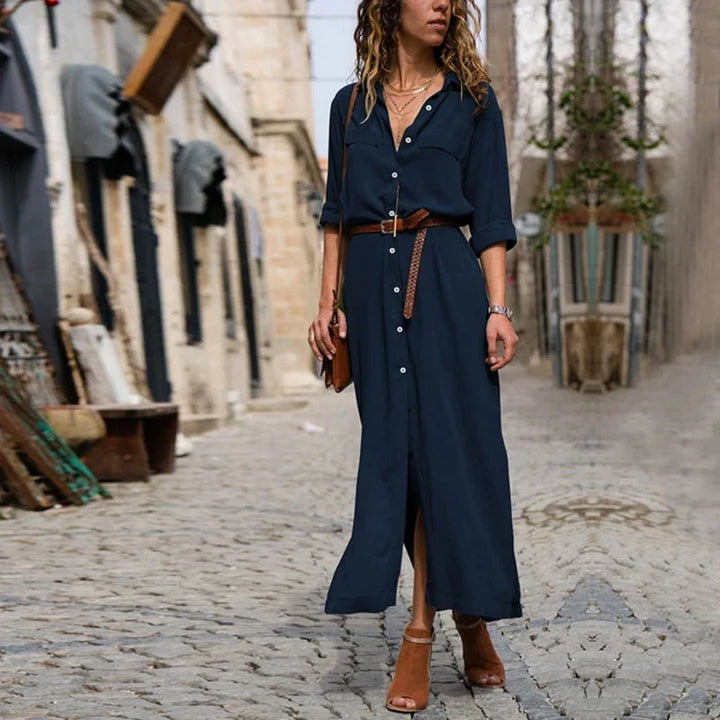 Abito midi chemisier estivo da donna con cintura in vita e spacchi laterali, per un look fresco e stiloso.