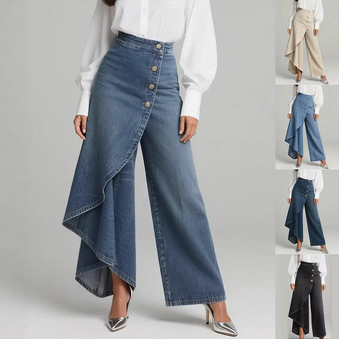 Pantaloni dritti donna effetto denim con bottoni arricciati, vita alta, stile casual-elegante.
