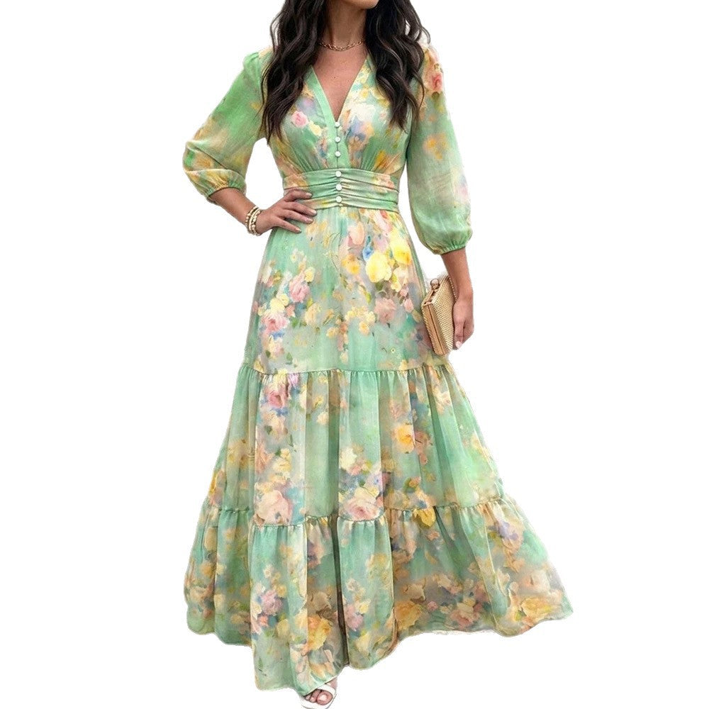 Abito donna midi elegante con volant e maniche 3/4, stile sofisticato per ogni occasione.