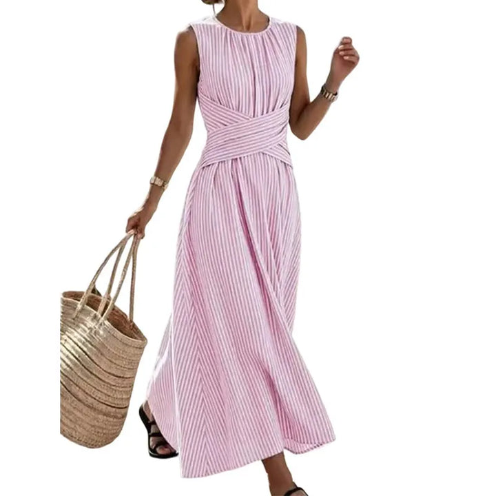 Elegante abito maxi donna a righe estivo. Vestito in cotone con vita incrociata, ideale per spiaggia/casual.