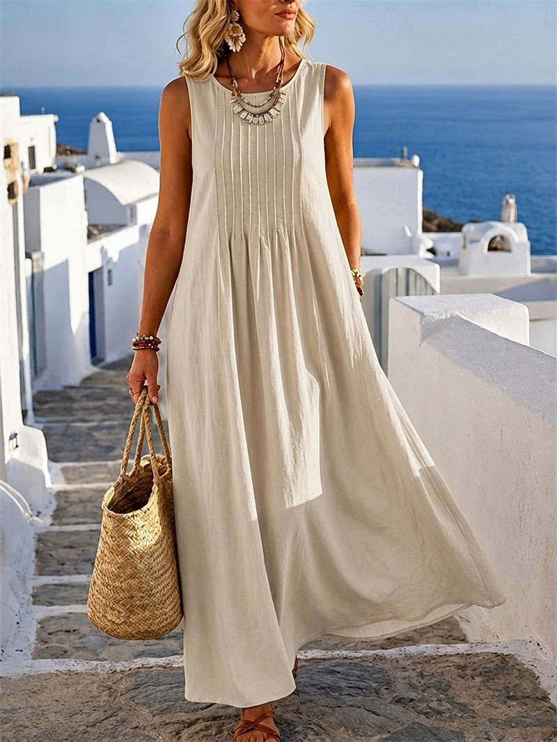 Abito donna casual ampio con collo rotondo, ideale per un'estate confortevole e alla moda, look versatile.