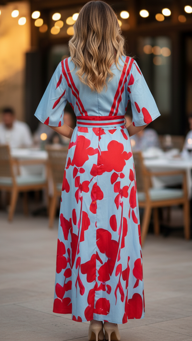 Abito lungo estivo floreale donna, comodo e casual, con scollo a V e maniche corte. Stile boho chic.