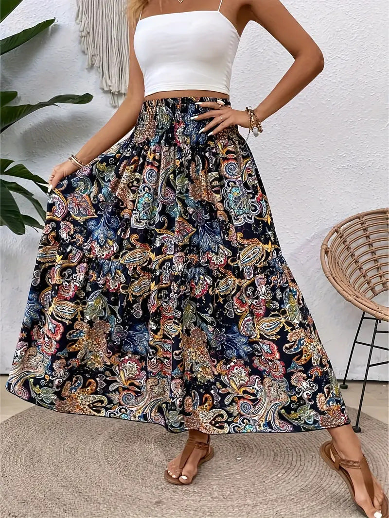 Gonna a ruota fluida con design floreale, per un'estate fresca e alla moda, stile elegante.