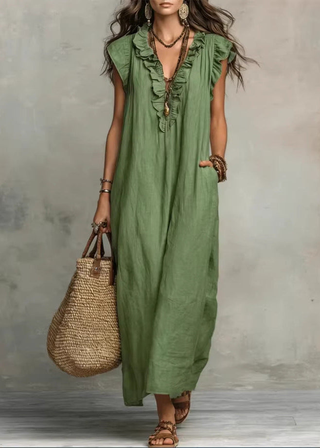 Abito midi estivo donna A-line con volant sull'orlo, senza maniche e comode tasche laterali.