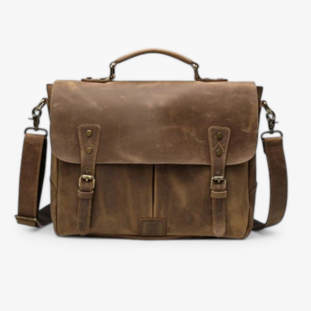 Borsa messenger unisex vintage in similpelle marrone, perfetta per laptop e uso quotidiano da viaggio.