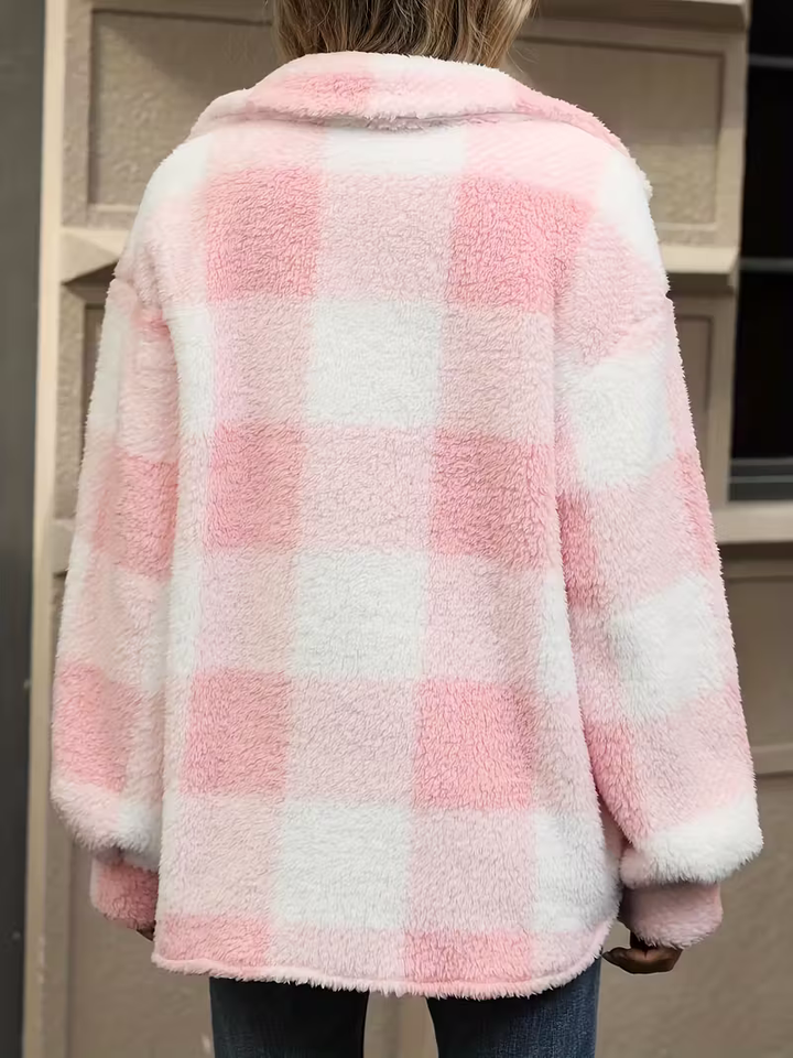 Giacca donna autunnale, motivo a quadri, con bottoni, versatile per ogni stile.
