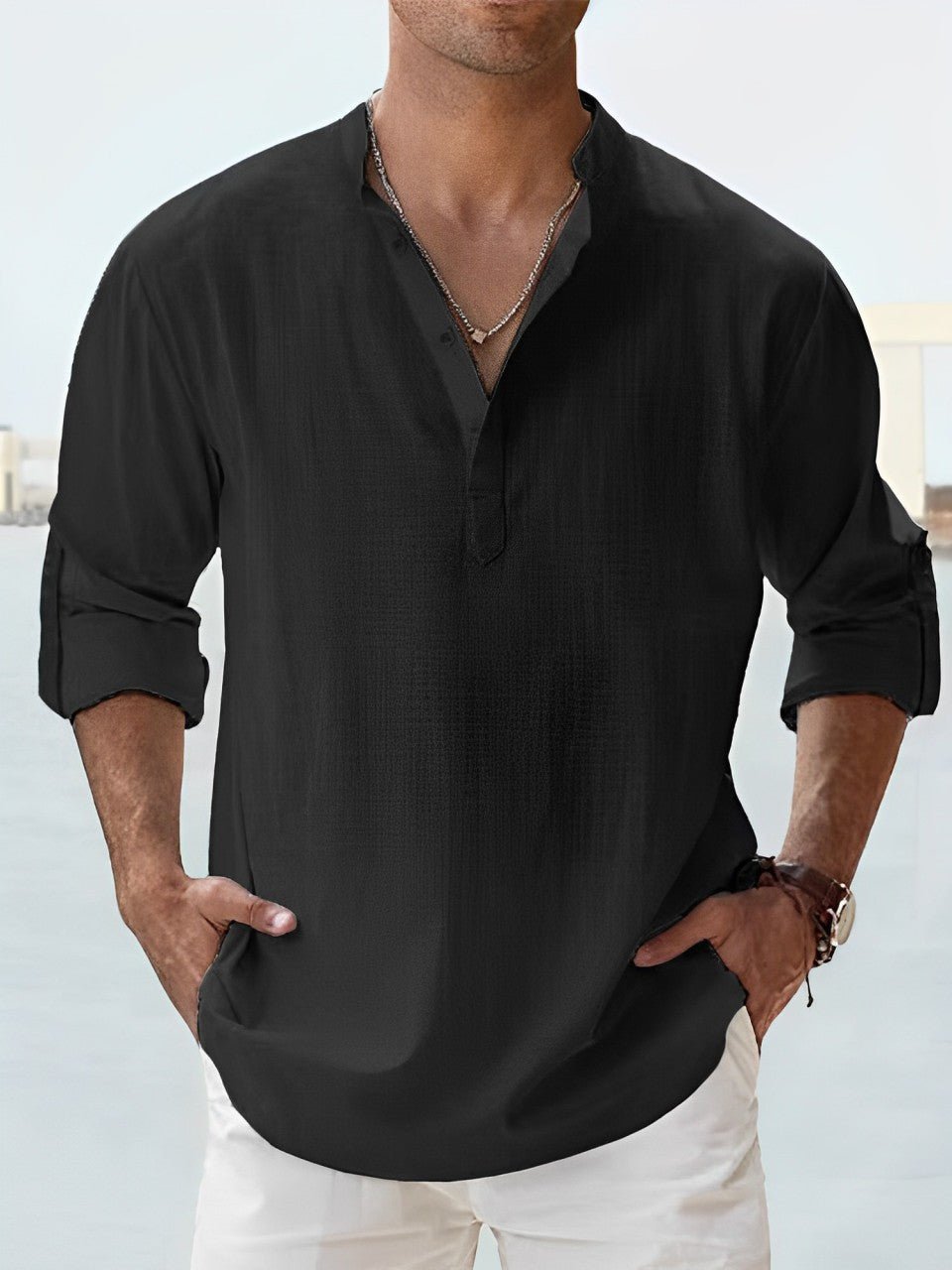 Camicia uomo elegante, collo coreana. Un must-have estivo versatile per ufficio, tempo libero e look moderni.
