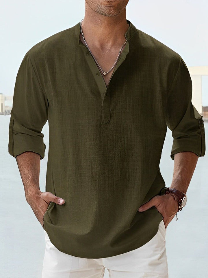 Camicia casual da uomo, estiva e traspirante, con collo alla coreana per un comfort versatile nel tempo libero.