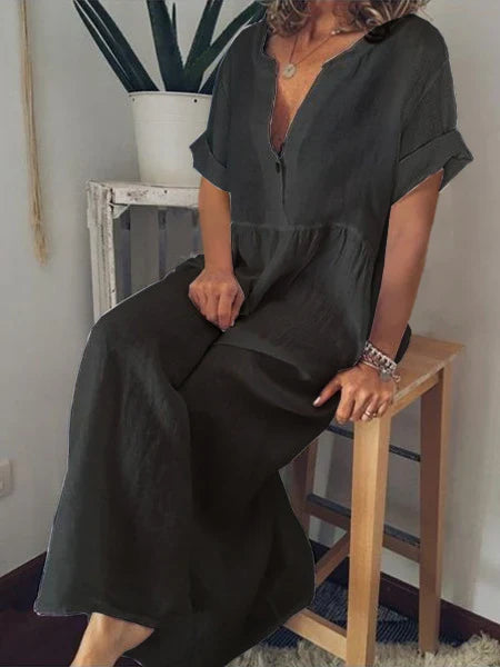 Maxi abito estivo donna, scollo a V profondo e maniche arrotolate, vestito lungo casual per moda donna.