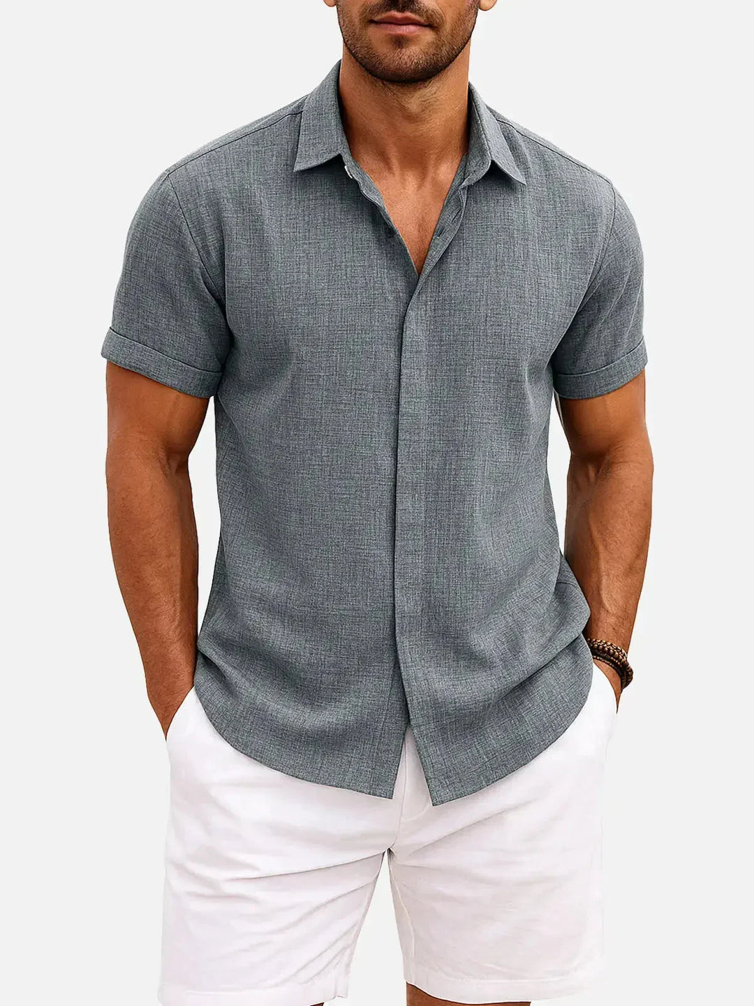 Camicia casual elegante uomo, maniche corte, collo italiano, dallo stile versatile.