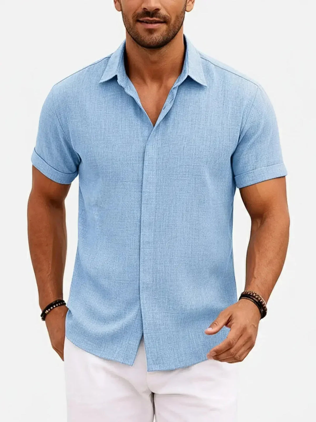 Camicia uomo leggera, maniche corte, collo italiano, perfetta per il tempo libero con stile.