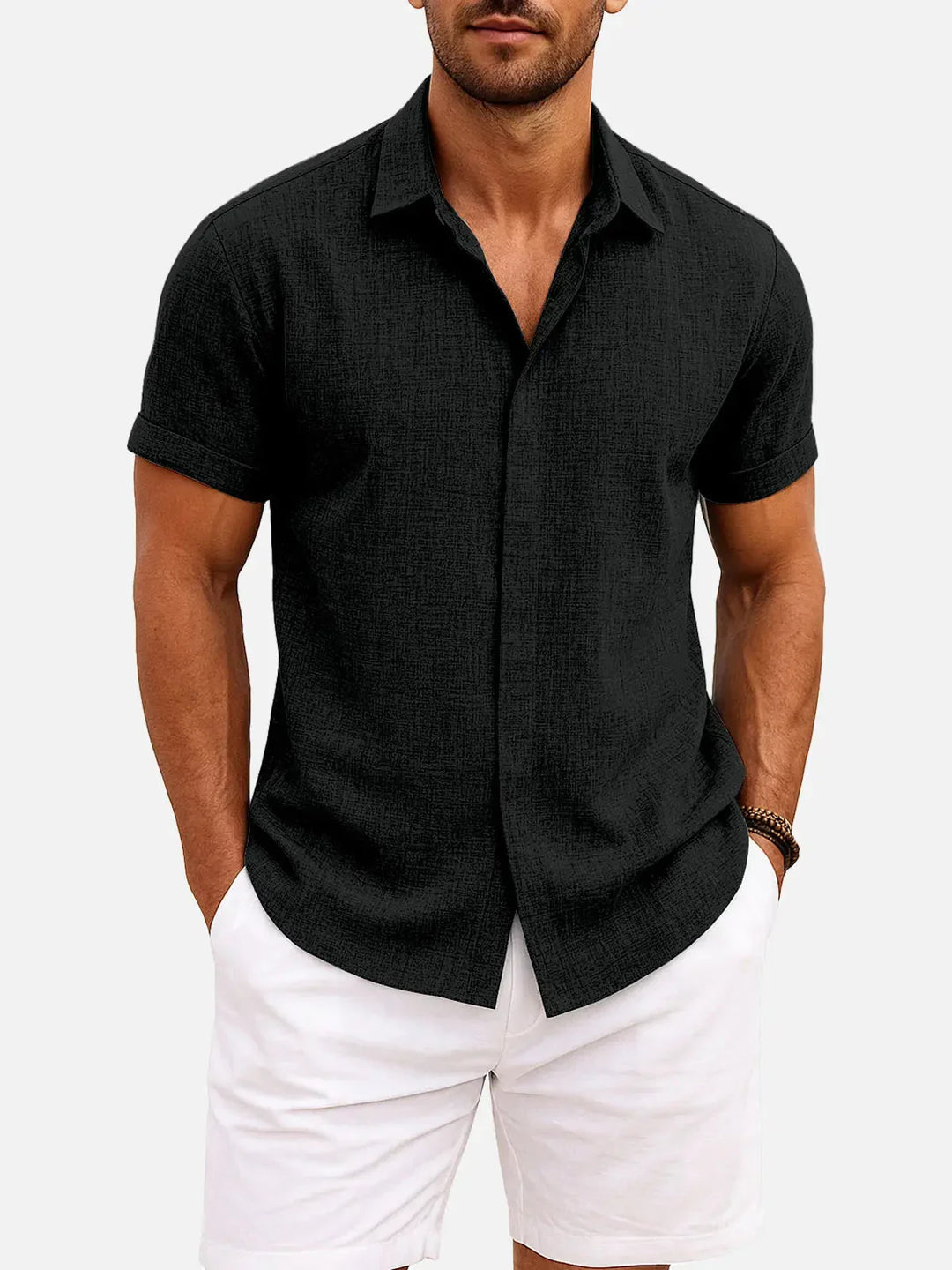 Camicia uomo versatile, maniche corte, collo italiano, adatta a ogni occasione.