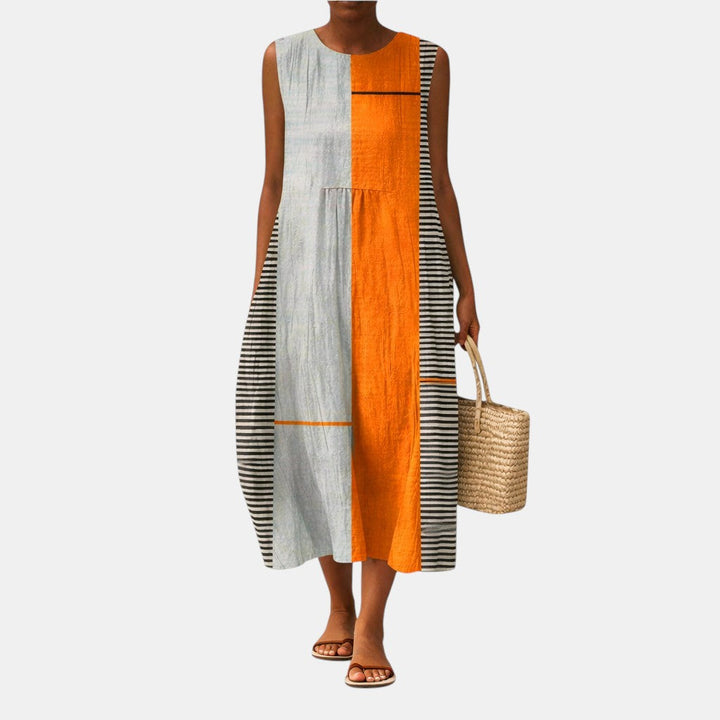 Vestito midi donna color block a righe, ideale per un look casual estivo e di tendenza in cotone viscosa.