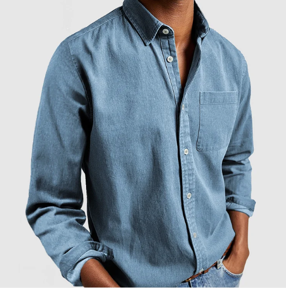 Dettaglio: camicia uomo versatile, perfetta per look eleganti o casual. Colletto coreana e maniche lunghe per ogni stagione.