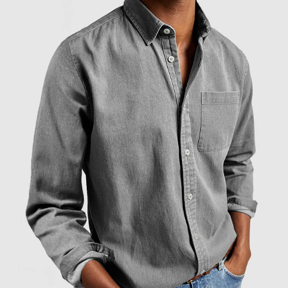 Camicia uomo elegante a maniche lunghe con collo alla coreana, perfetta per un look versatile, casual o formale.