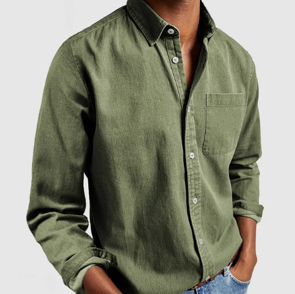 Camicia uomo casual chic con collo coreana, maniche lunghe. Stile comodo e raffinato per un look versatile quotidiano.