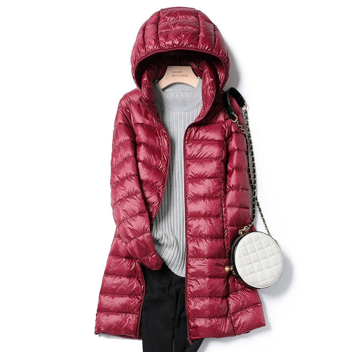 Giacca puffer lunga da donna, calda e impermeabile, abbigliamento invernale termico per protezione dal freddo.