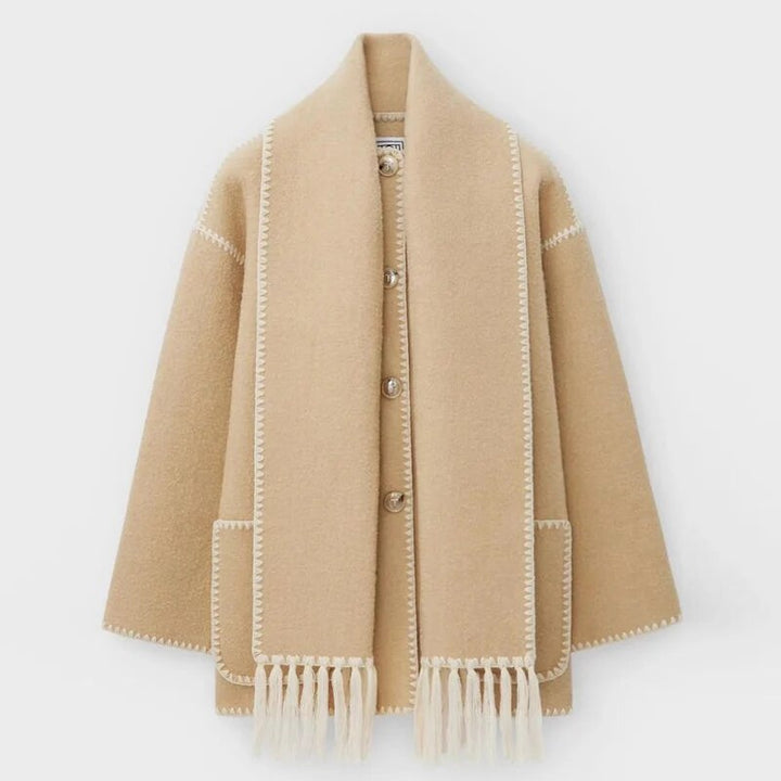 Giacca lunga donna elegante, cappotto invernale con collo a scialle. Perfetto per il comfort e la moda classica.