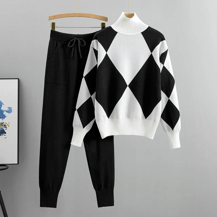 Completo donna in maglia per moda autunnale e invernale, set coordinato comodo, ideale per abbigliamento femminile.