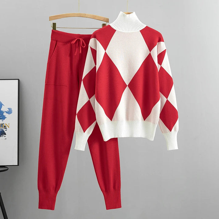 Completo donna elegante e casual in maglia per moda autunnale e invernale. Set coordinato comodo, abbigliamento femminile.