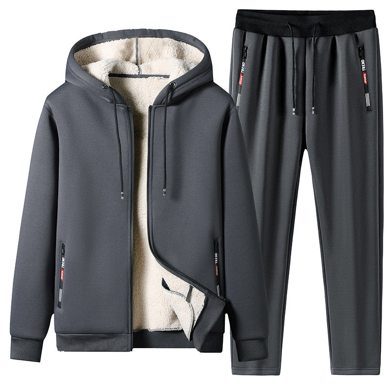 Completo uomo invernale in pile, giacca calda e pantaloni elasticizzati. Tuta termica confortevole per abbigliamento casual e sportivo.