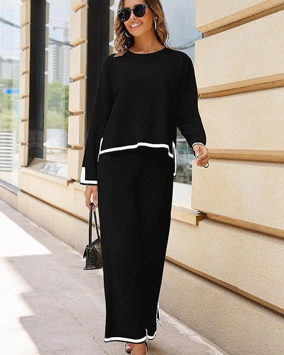 Abbigliamento donna due pezzi: maglia lunga casual e pantaloni larghi. Perfetto per uno stile rilassato.