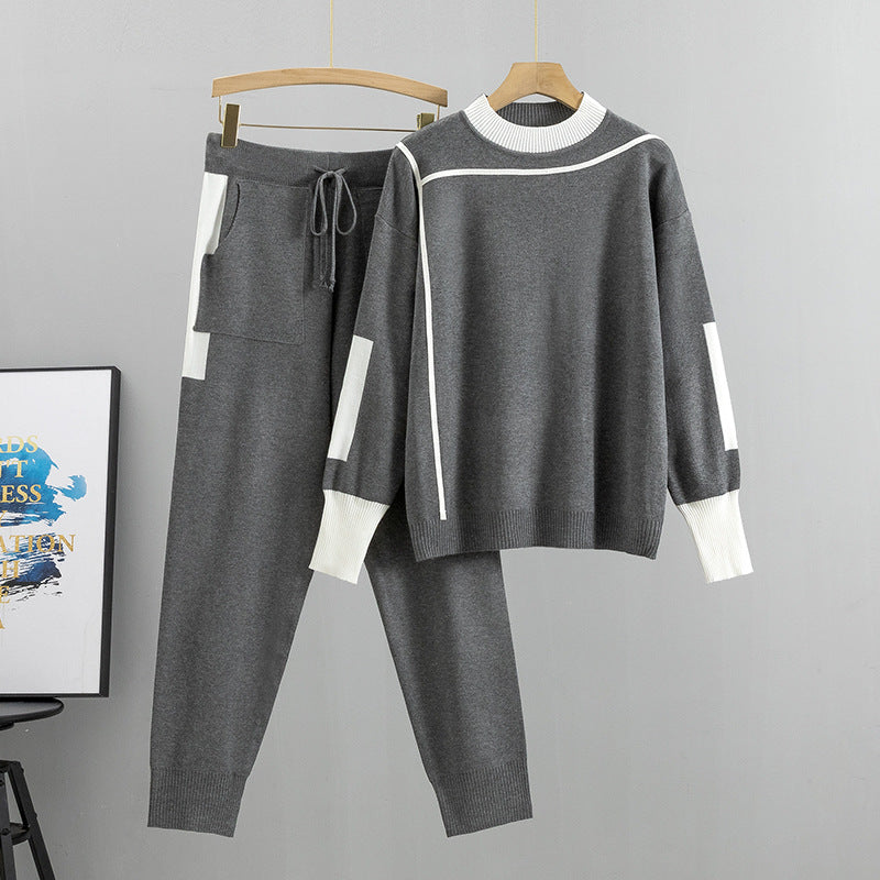 Completo donna elegante color-block. Maglia e pantaloni perfetti per un look autunnale casual o da viaggio.