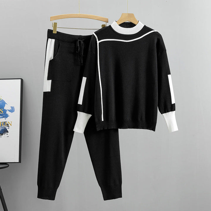 Tuta donna autunnale color-block, comoda e alla moda. Set due pezzi con maglia e pantaloni lunghi per relax.