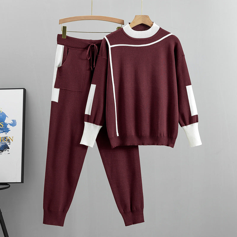 Abbigliamento donna autunnale: maglia a maniche lunghe e pantaloni lunghi color-block. Tuta comoda e stilosa.
