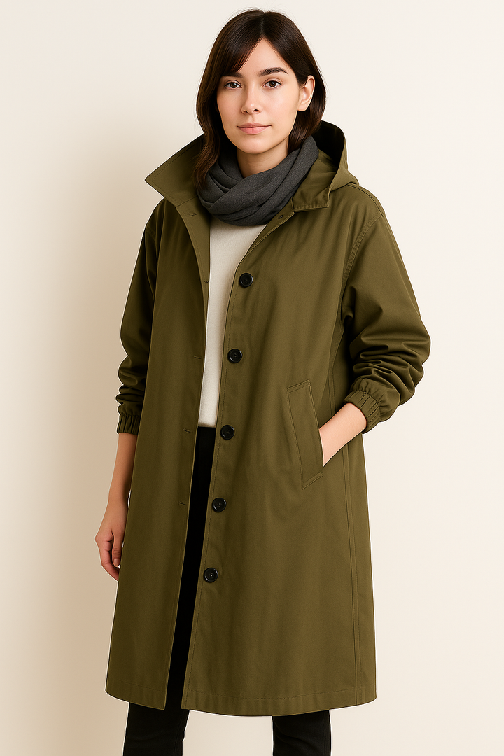 Giacca trench lunga da donna impermeabile, capospalla autunnale versatile e alla moda.