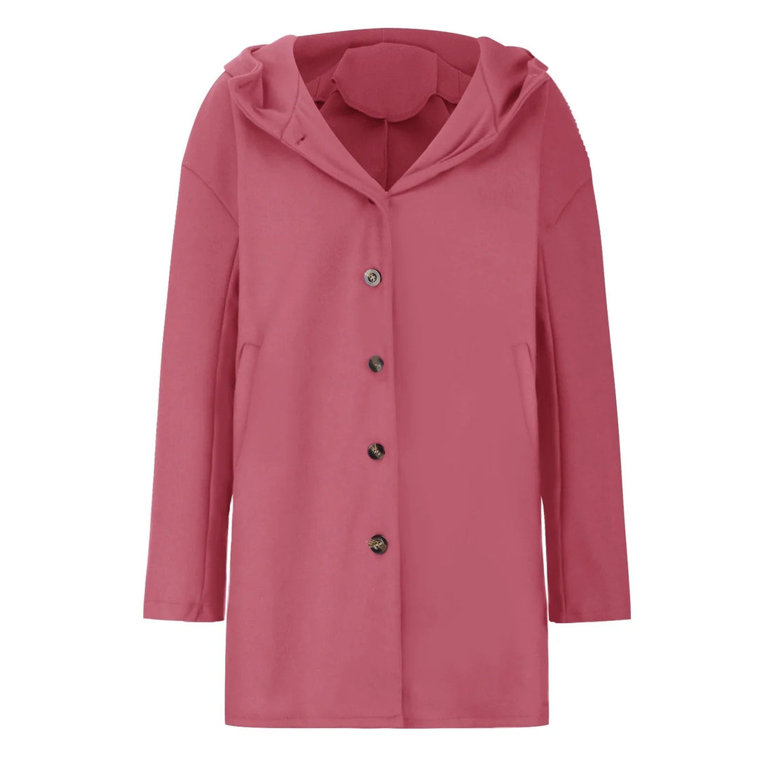 Cappotto da donna versatile per autunno e inverno, stile elegante, dettagli con bottoni e pratiche tasche.