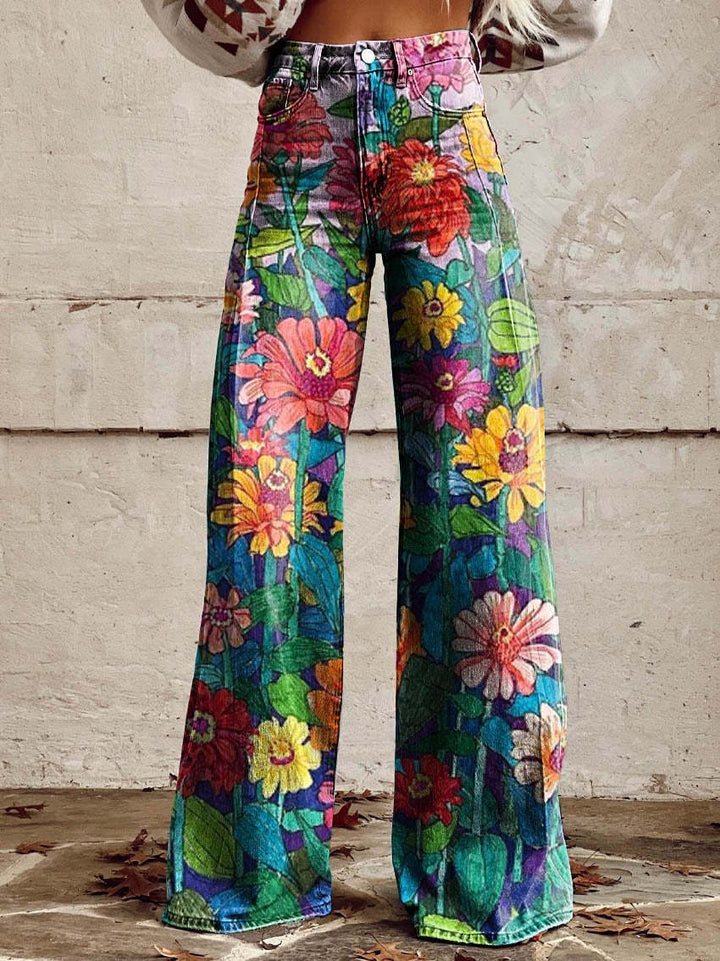 Pantaloni larghi donna, stampa floreale, stile palazzo. Perfetti per moda casual-elegante, anche taglie forti.