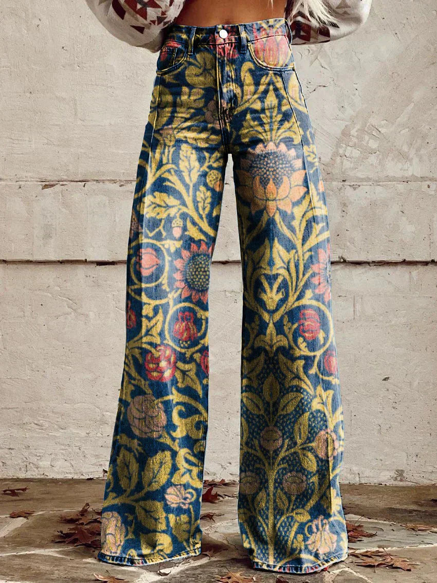 Pantaloni eleganti da donna a palazzo, con fantasia floreale, perfetti per occasioni casual o chic.