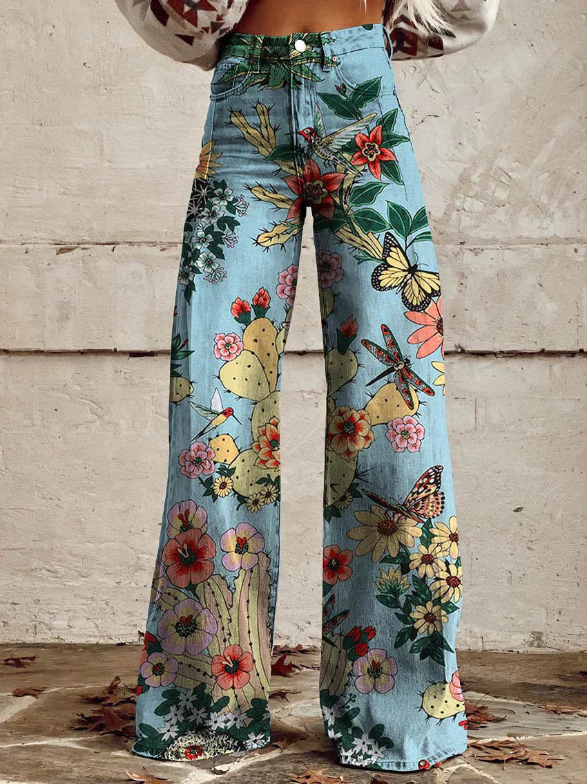 Pantaloni donna larghi e comodi, con stampa floreale, ideali per la primavera-estate e tempo libero.