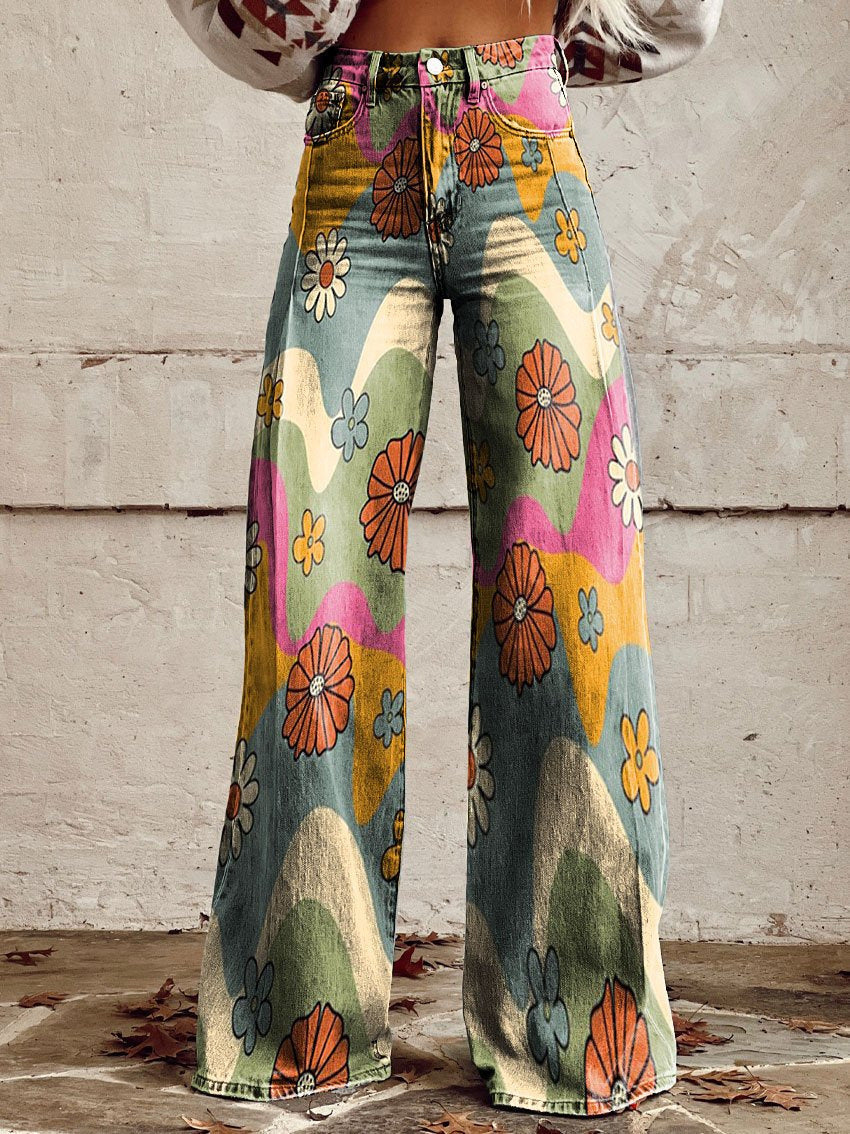 Pantaloni donna larghi floreali, vita alta, ottimi per un outfit fresco ed elegante in primavera/estate.